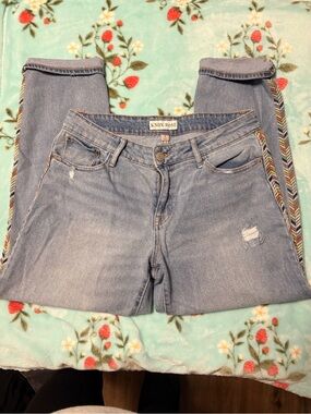 Knox Rose Light Blue Boyfriend Jeans with Multicolor Side Trim